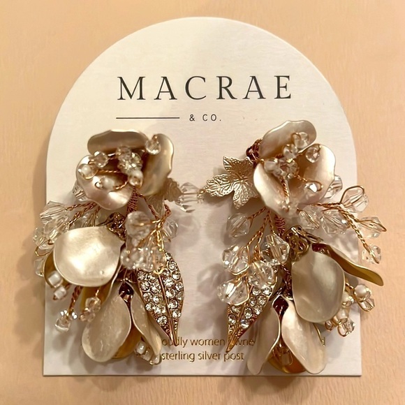 Brand New MacRae & Co. Dripping Floral Cluster Post Earrings Pale Gold Sparkly - Picture 10 of 14